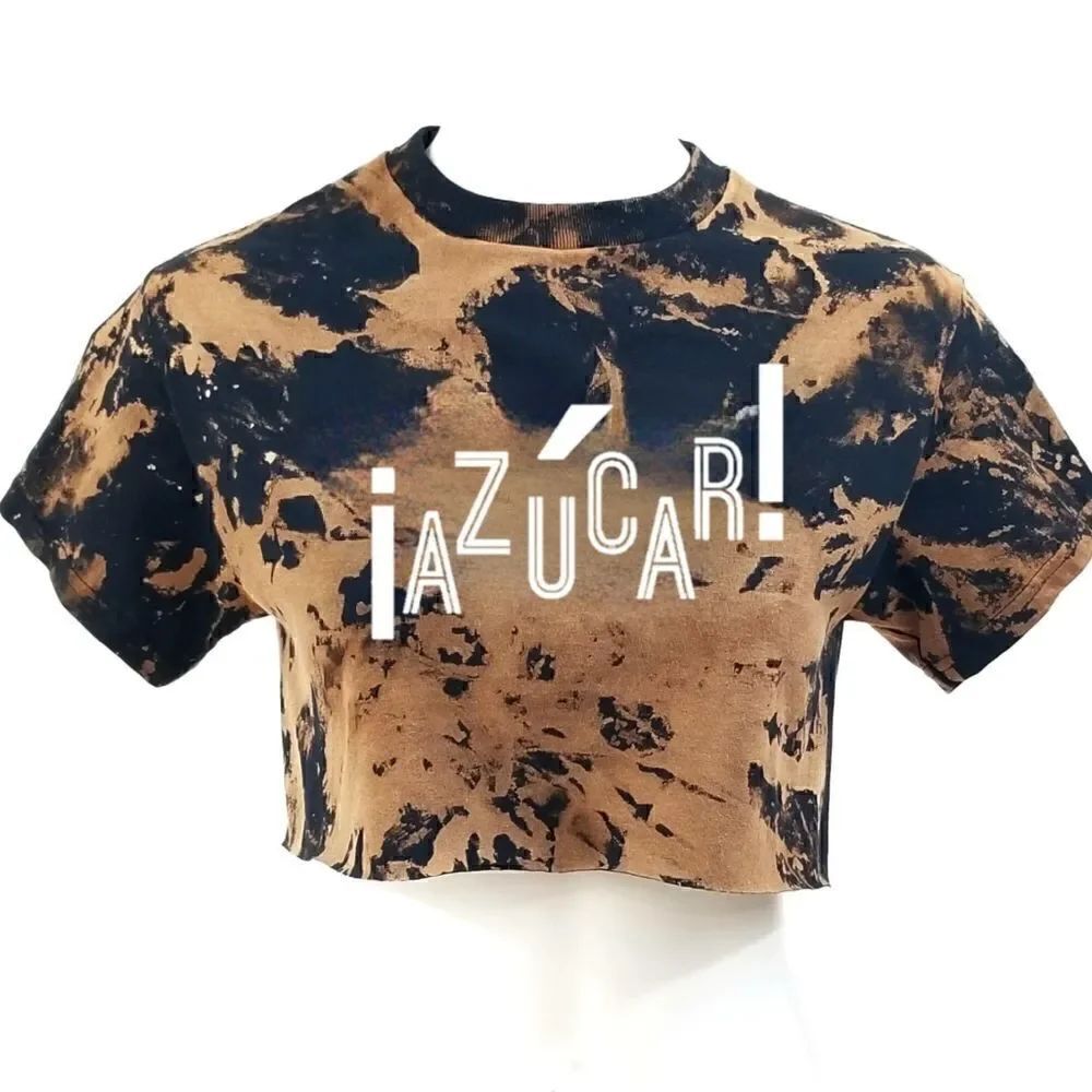 AZUCAR Celia Cruz Acid Washed "Cropped" Crop Top Salsa Cumbia Band Tee Rock Tee